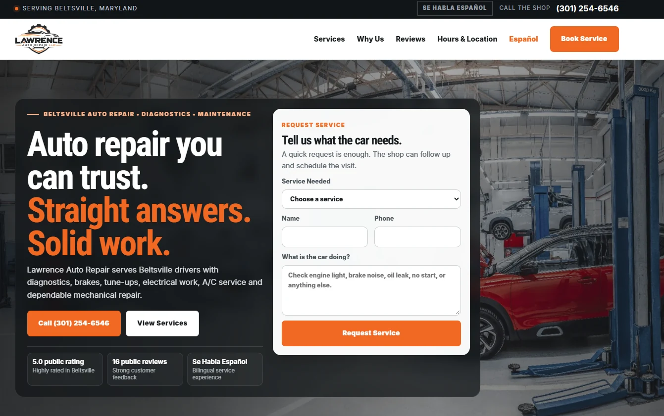Homepage screenshot of Lawrence Auto Repair