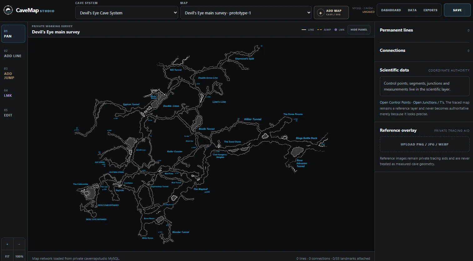 Actual CaveMap Studio interface showing an interactive cave survey map with mapping controls and scientific-data panel