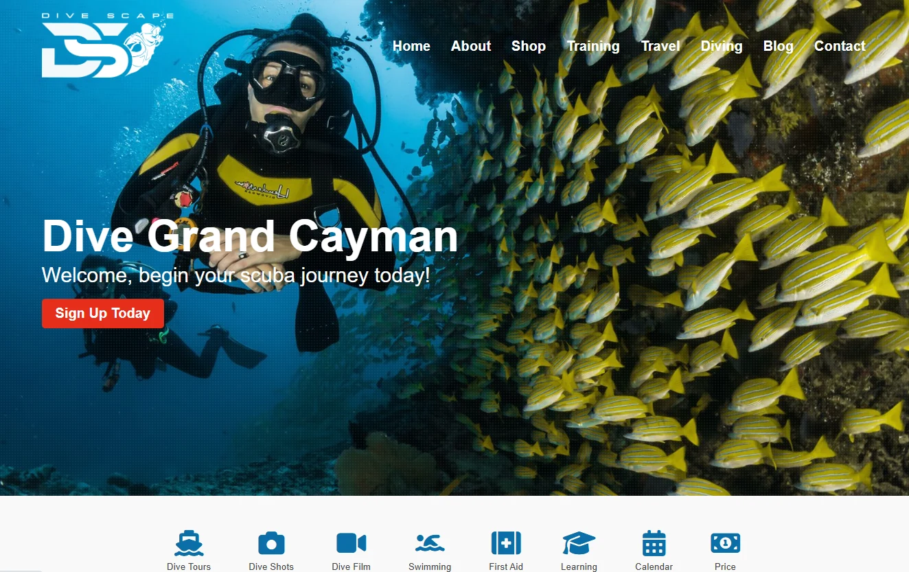 Homepage screenshot of Dive Scape