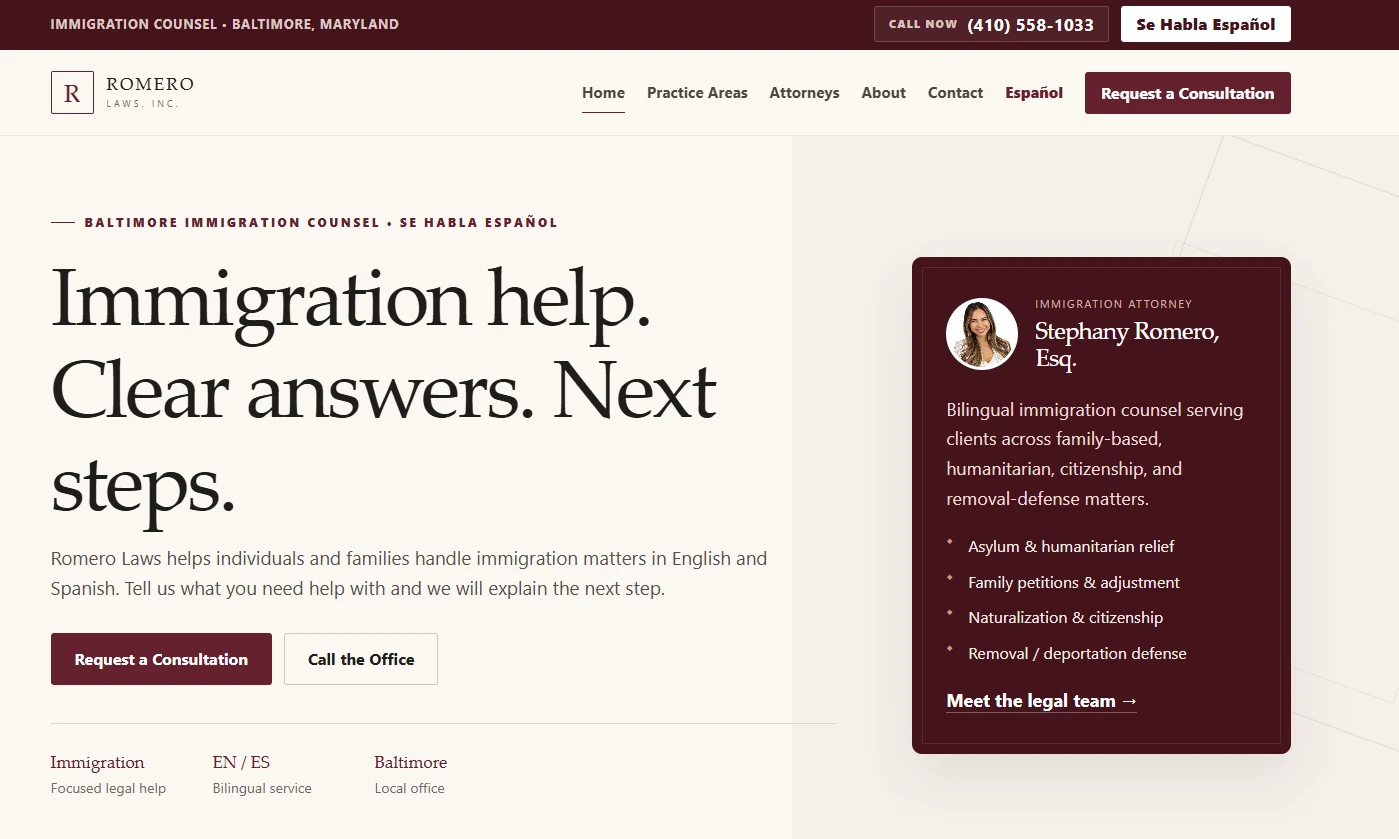 Homepage screenshot of Romero Laws